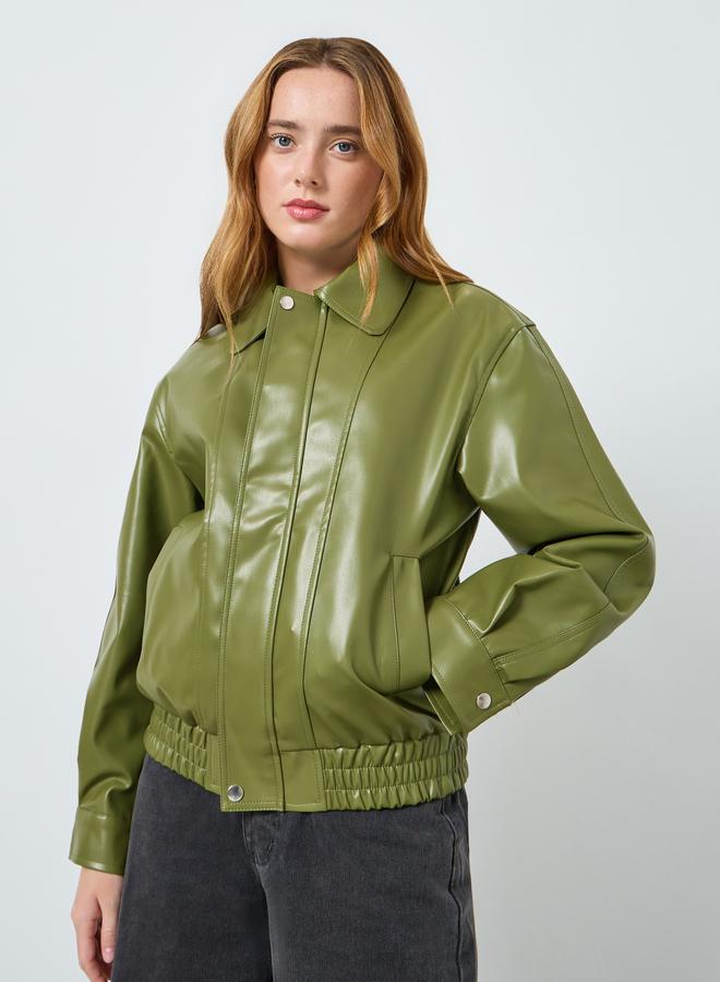 Take Two Women Olive Green Zip Up Faux Leather Jacket - Image 3